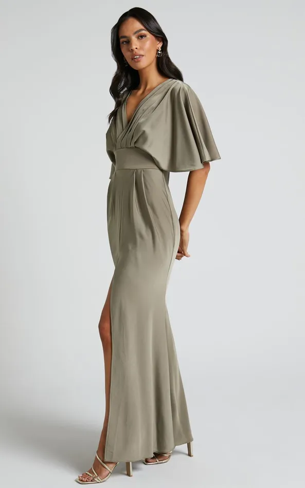 Showpo Gemalyn Midi Dress 8211 Angel Sleeve V Neck Split Dress In Olive Women Dresses