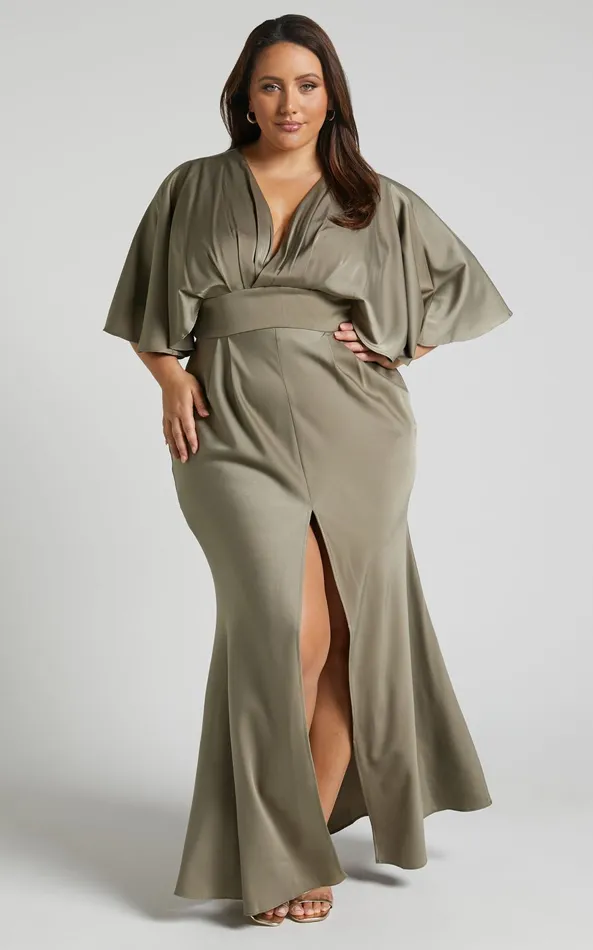 Showpo Gemalyn Midi Dress 8211 Angel Sleeve V Neck Split Dress In Olive Women Dresses
