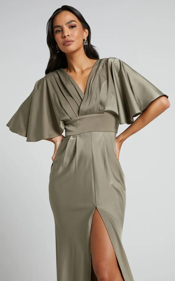 Showpo Gemalyn Midi Dress 8211 Angel Sleeve V Neck Split Dress In Olive Women Dresses