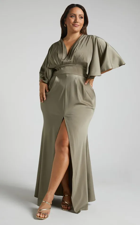 Showpo Gemalyn Midi Dress 8211 Angel Sleeve V Neck Split Dress In Olive Women Dresses