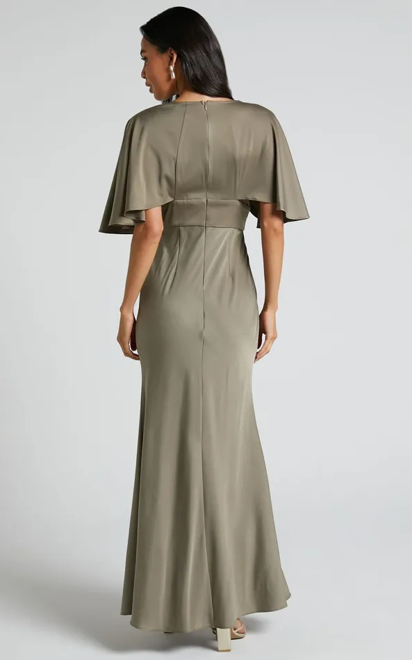 Showpo Gemalyn Midi Dress 8211 Angel Sleeve V Neck Split Dress In Olive Women Dresses