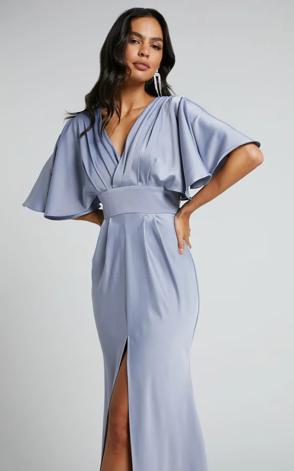 Showpo Gemalyn Midi Dress 8211 Angel Sleeve V Neck Split Dress In Sky Blue Women Dresses