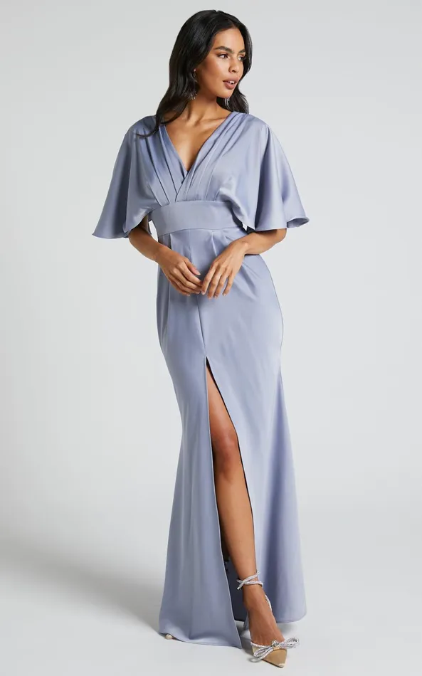 Showpo Gemalyn Midi Dress 8211 Angel Sleeve V Neck Split Dress In Sky Blue Women Dresses