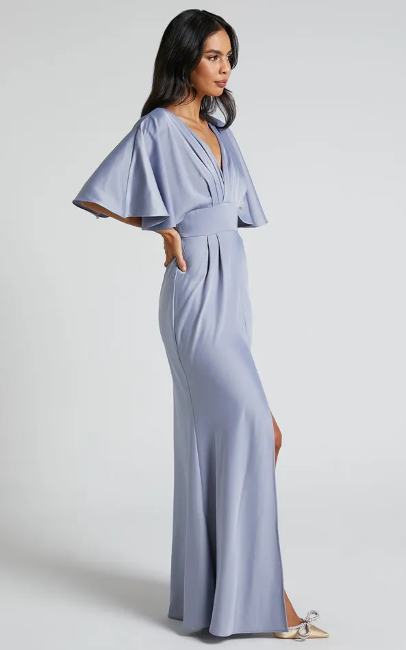 Showpo Gemalyn Midi Dress 8211 Angel Sleeve V Neck Split Dress In Sky Blue Women Dresses