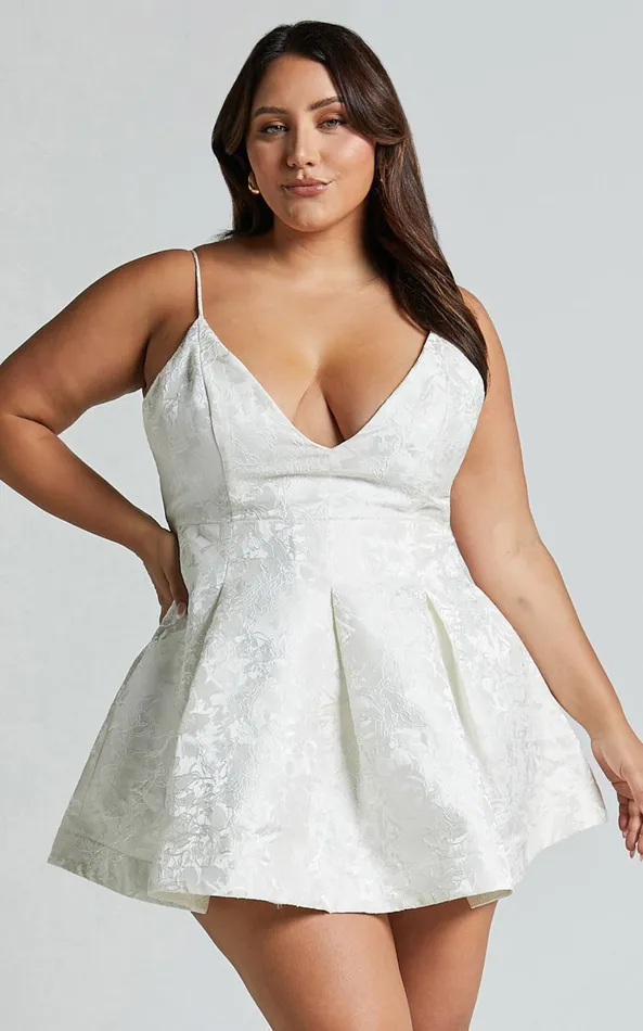 Showpo Gemima Mini Dress 8211 Strappy Plunge Neck Fit And Flare Dress In White Women Dresses