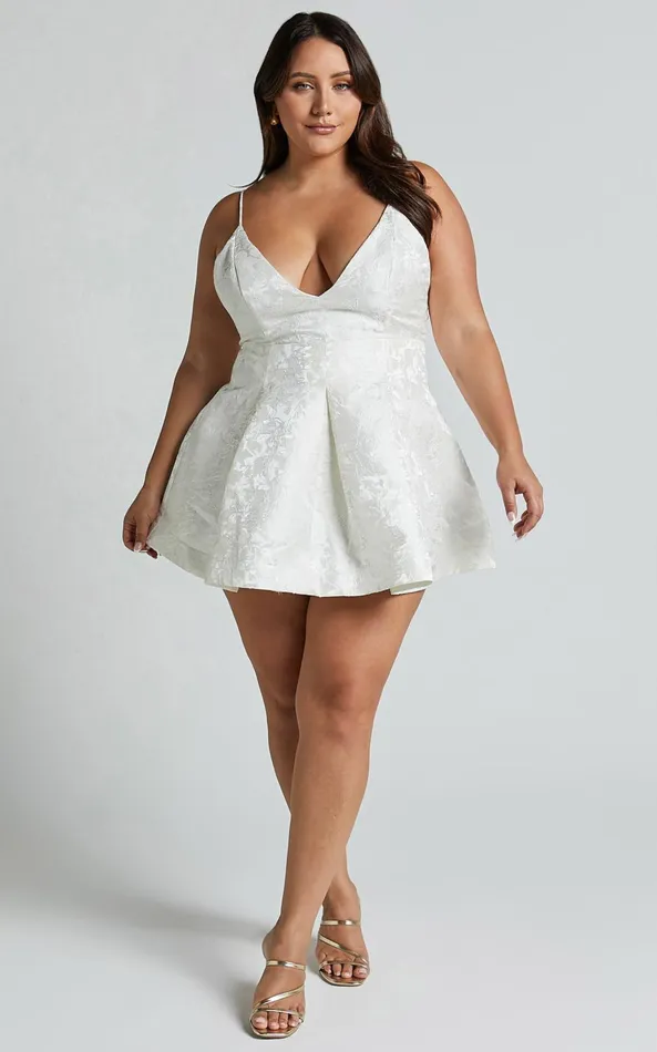 Showpo Gemima Mini Dress 8211 Strappy Plunge Neck Fit And Flare Dress In White Women Dresses