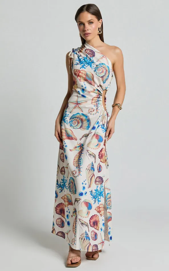 Showpo Gemma Midi Dress 8211 One Shoulder Side Cut Out Side Slit Dress In Holiday Print Women Dresses
