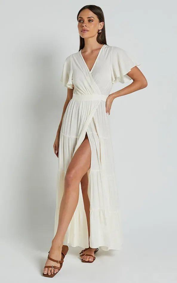 Showpo Geneva Midi Dress 8211 Short Flutter Sleeve Wrap Dress In Off White Women Dresses Showpo Geneva Midi Dress 8211 Short Flutter Sleeve Wrap Dress In Off White Women Dresses