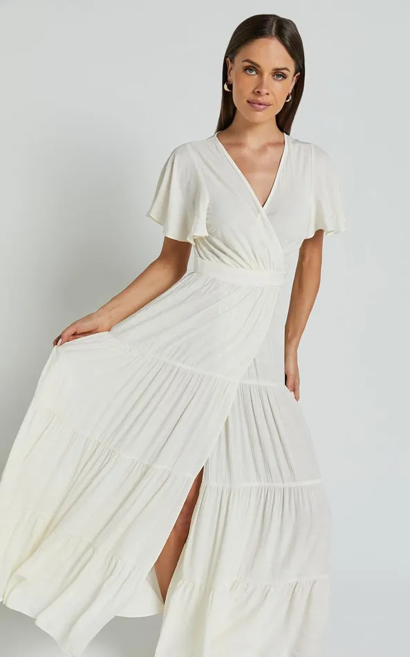 Showpo Geneva Midi Dress 8211 Short Flutter Sleeve Wrap Dress In Off White Women Dresses