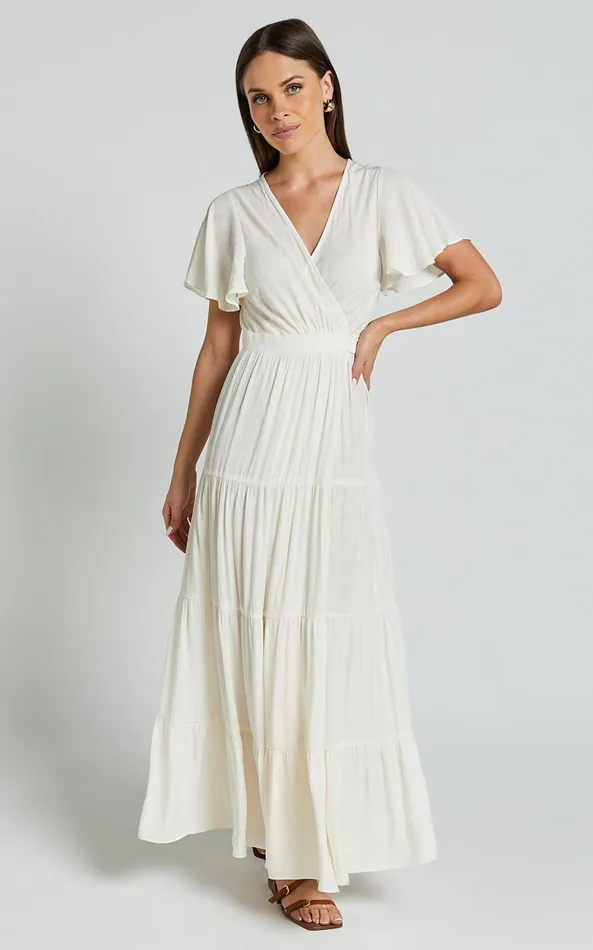 Showpo Geneva Midi Dress 8211 Short Flutter Sleeve Wrap Dress In Off White Women Dresses