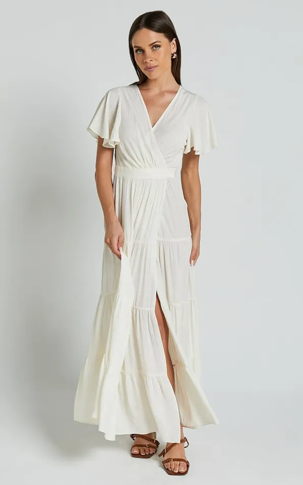 Showpo Geneva Midi Dress 8211 Short Flutter Sleeve Wrap Dress In Off White Women Dresses