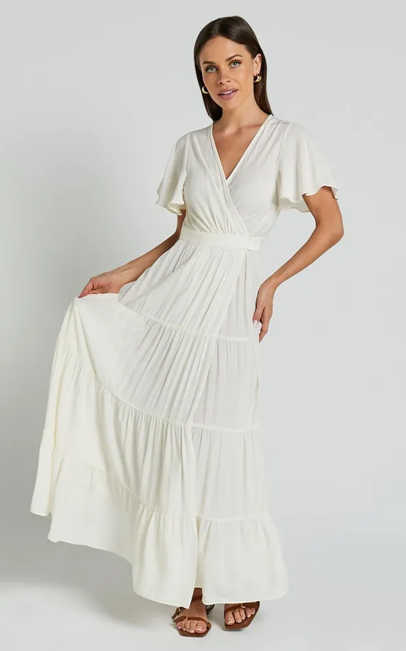 Showpo Geneva Midi Dress 8211 Short Flutter Sleeve Wrap Dress In Off White Women Dresses