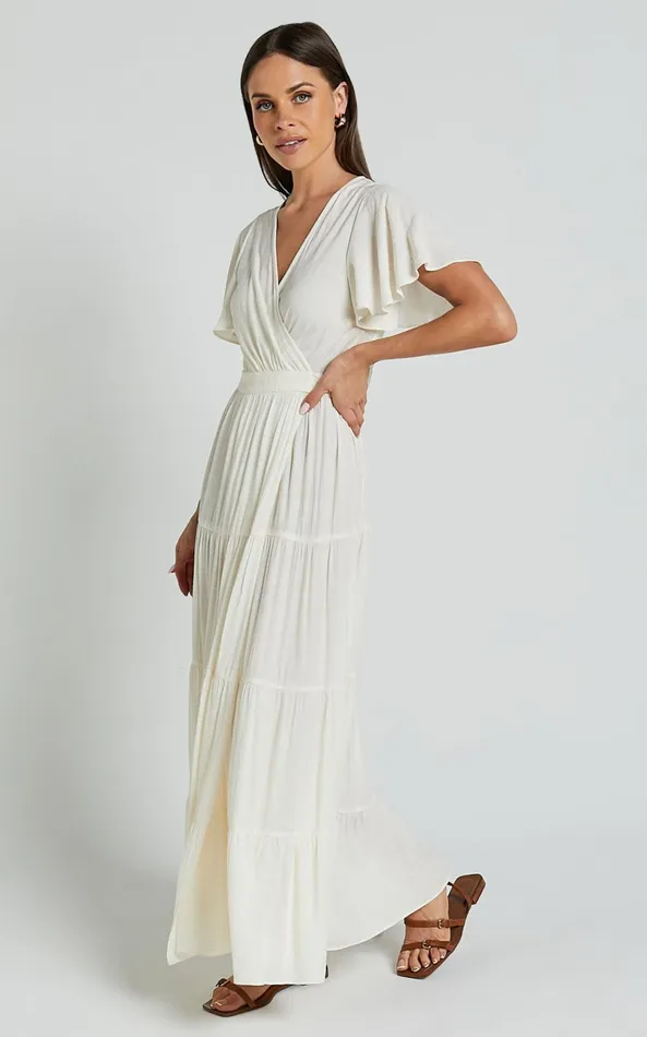 Showpo Geneva Midi Dress 8211 Short Flutter Sleeve Wrap Dress In Off White Women Dresses