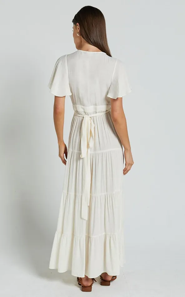 Showpo Geneva Midi Dress 8211 Short Flutter Sleeve Wrap Dress In Off White Women Dresses