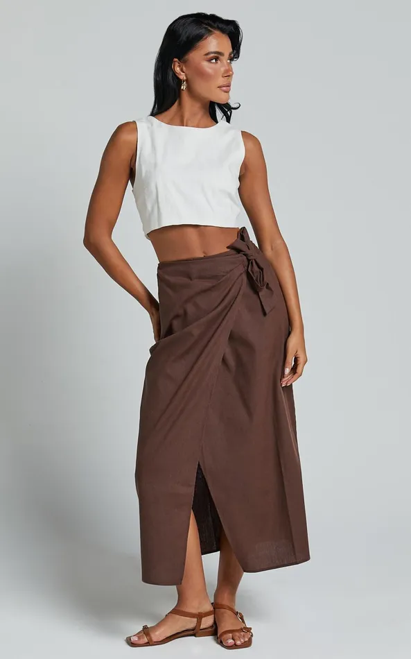 Showpo Genna Midi Skirt 8211 Linen Look Wrap Skirt In Chocolate Women Skirts