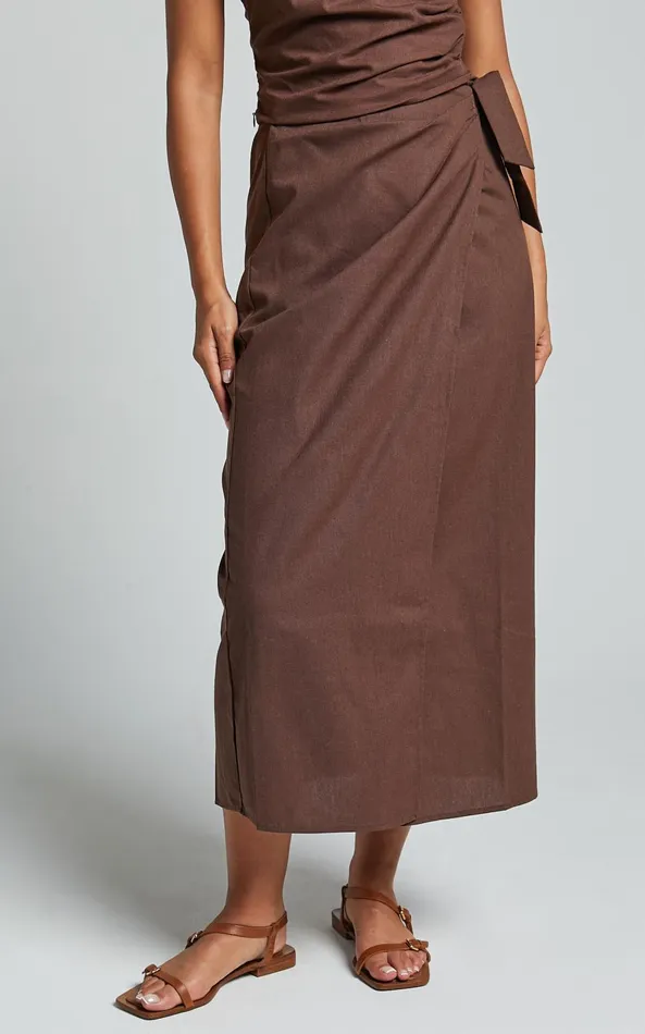 Showpo Genna Midi Skirt 8211 Linen Look Wrap Skirt In Chocolate Women Skirts