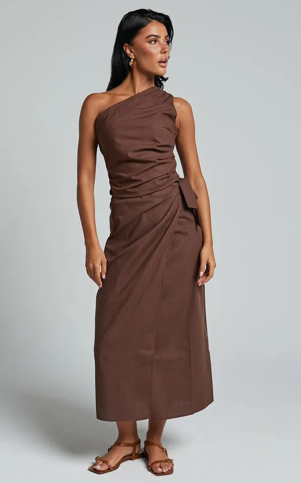 Showpo Genna Midi Skirt 8211 Linen Look Wrap Skirt In Chocolate Women Skirts