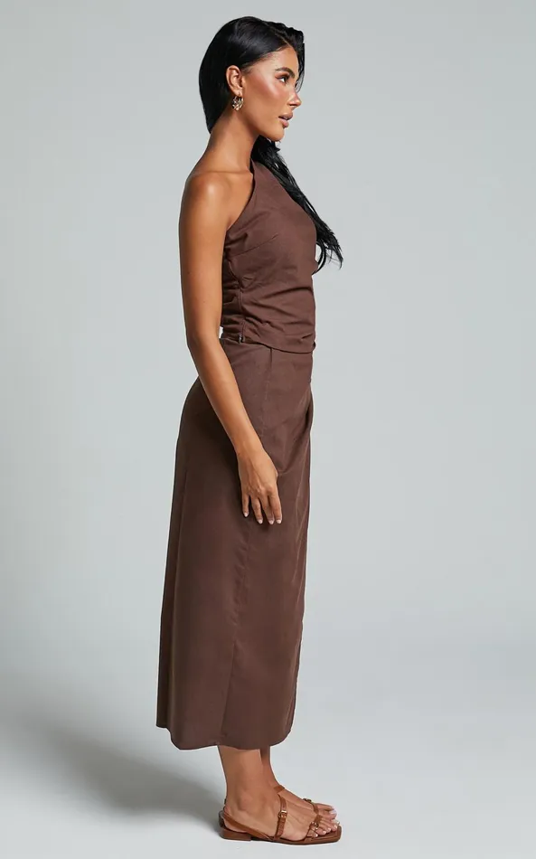 Showpo Genna Midi Skirt 8211 Linen Look Wrap Skirt In Chocolate Women Skirts