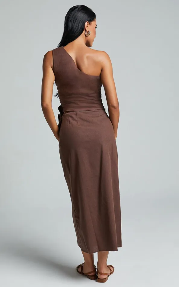 Showpo Genna Midi Skirt 8211 Linen Look Wrap Skirt In Chocolate Women Skirts