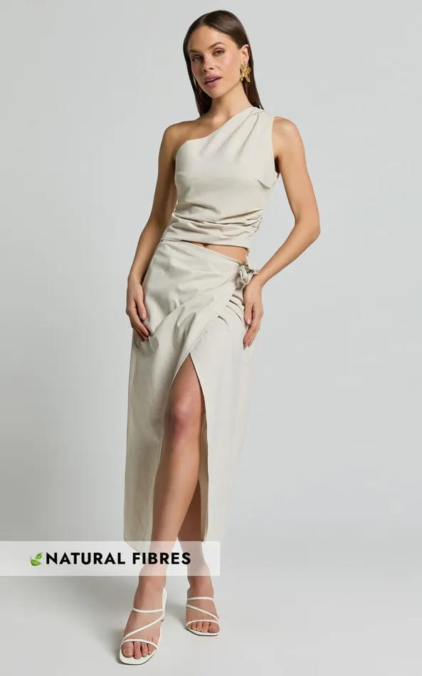 Showpo Genna Midi Skirt 8211 Linen Look Wrap Skirt In Natural Women Skirts