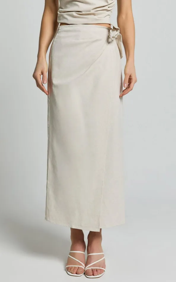 Showpo Genna Midi Skirt 8211 Linen Look Wrap Skirt In Natural Women Skirts