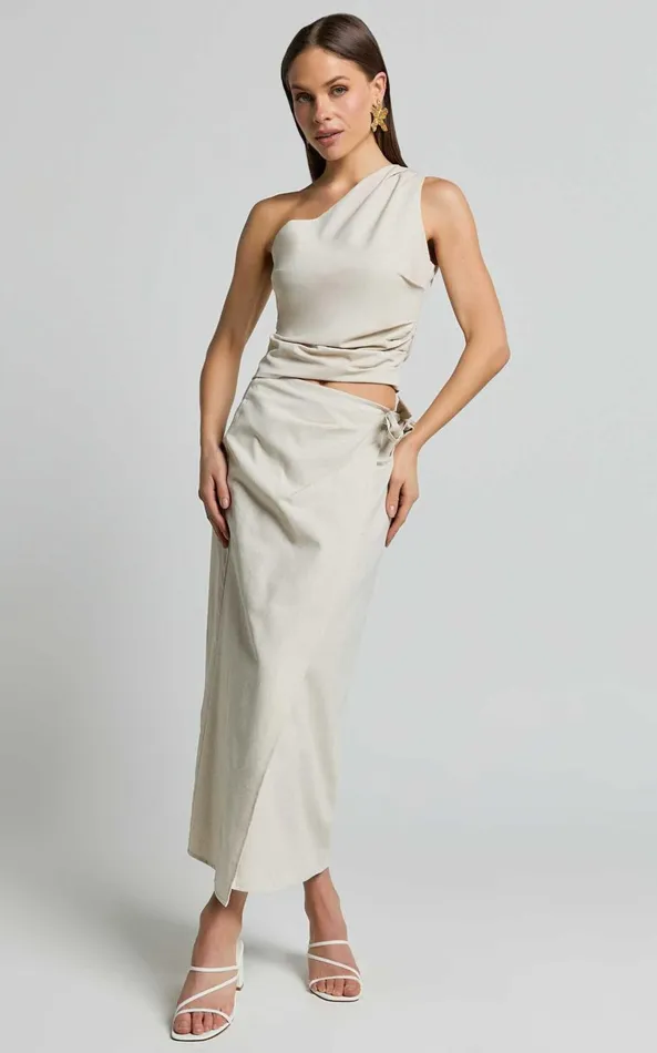 Showpo Genna Midi Skirt 8211 Linen Look Wrap Skirt In Natural Women Skirts