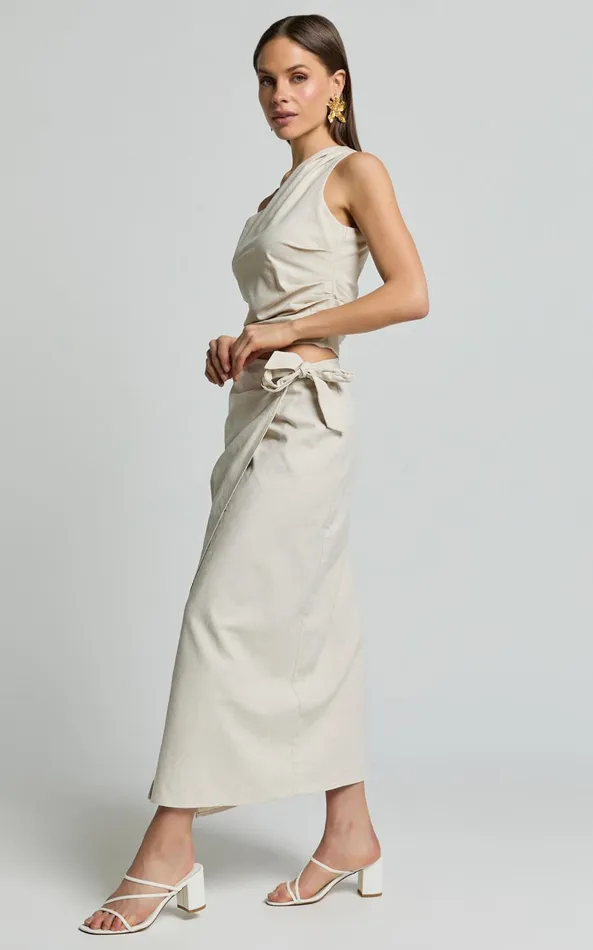 Showpo Genna Midi Skirt 8211 Linen Look Wrap Skirt In Natural Women Skirts