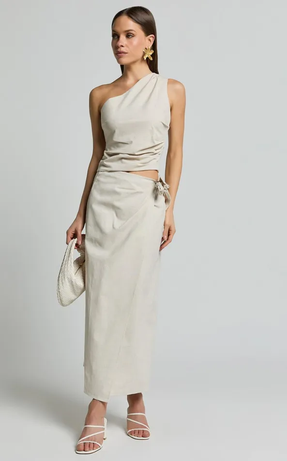 Showpo Genna Midi Skirt 8211 Linen Look Wrap Skirt In Natural Women Skirts
