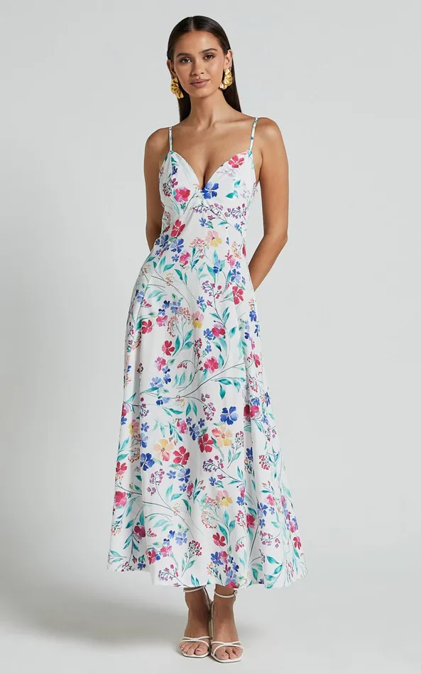 Showpo Georgia Midi Dress 8211 Strappy Plunge A Line Dress In Peony Meadow Print Women Dresses
