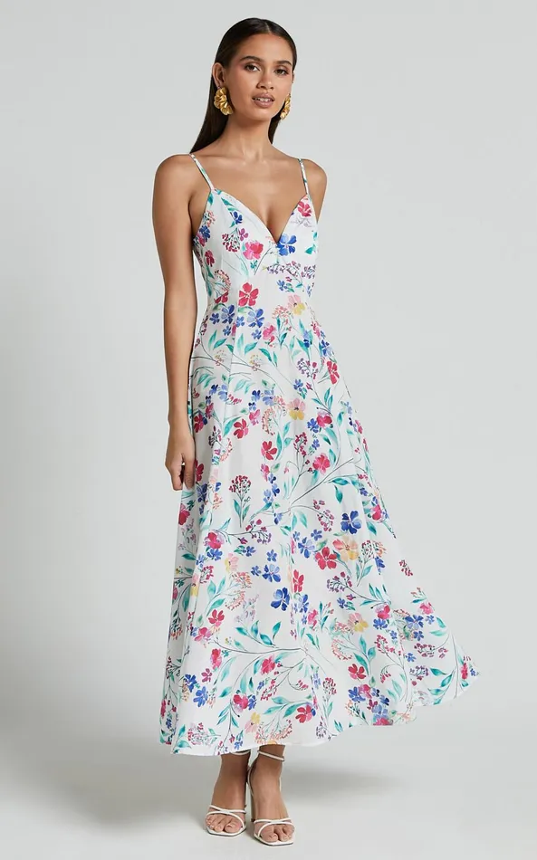Showpo Georgia Midi Dress 8211 Strappy Plunge A Line Dress In Peony Meadow Print Women Dresses