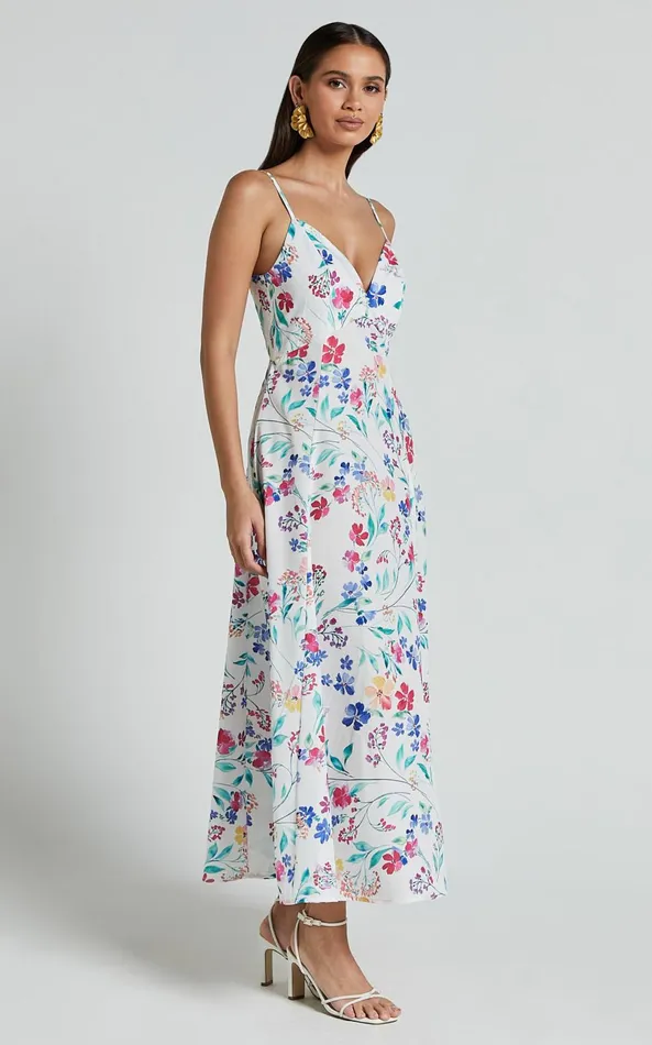 Showpo Georgia Midi Dress 8211 Strappy Plunge A Line Dress In Peony Meadow Print Women Dresses