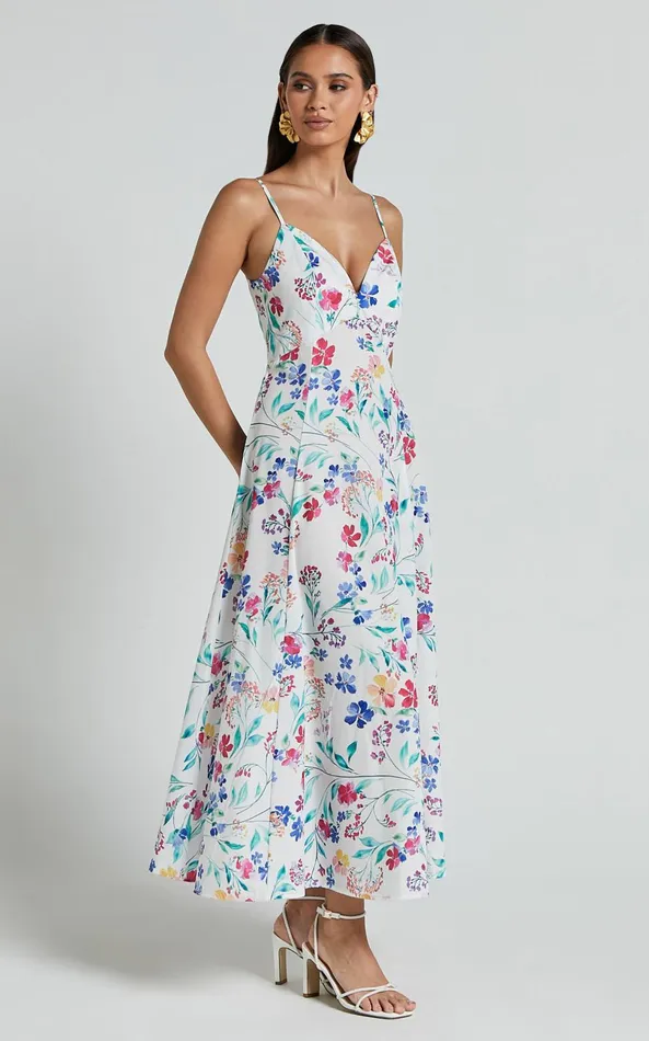 Showpo Georgia Midi Dress 8211 Strappy Plunge A Line Dress In Peony Meadow Print Women Dresses