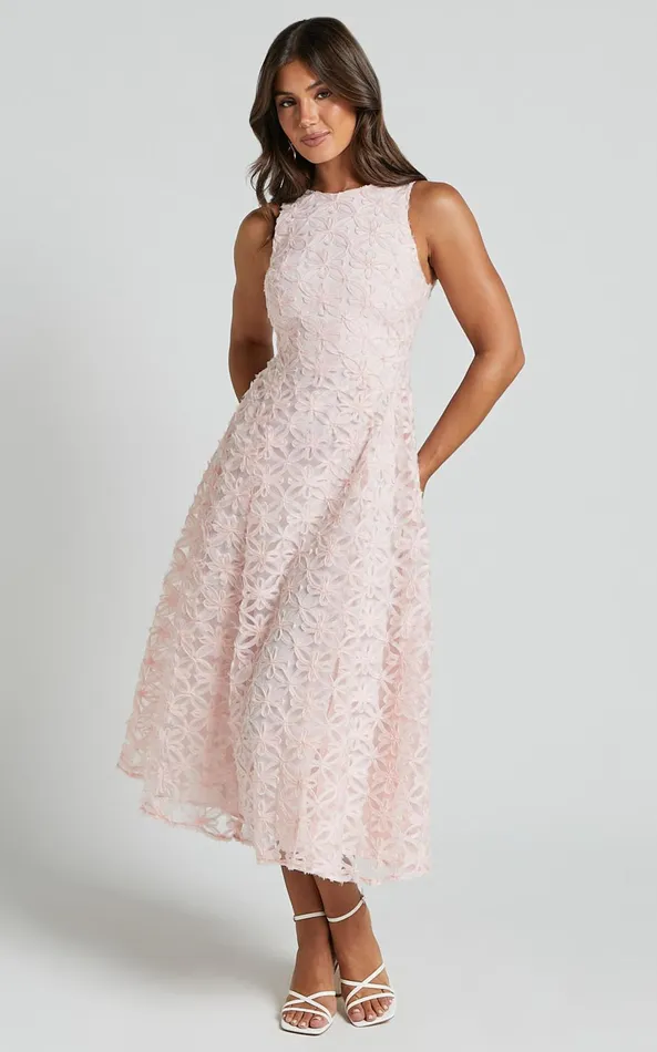 Showpo Georgina Midi Dress 8211 Crew Neck Sleeveless A Line Dress In Blush Pink Women Dresses