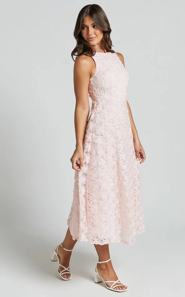 Showpo Georgina Midi Dress 8211 Crew Neck Sleeveless A Line Dress In Blush Pink Women Dresses