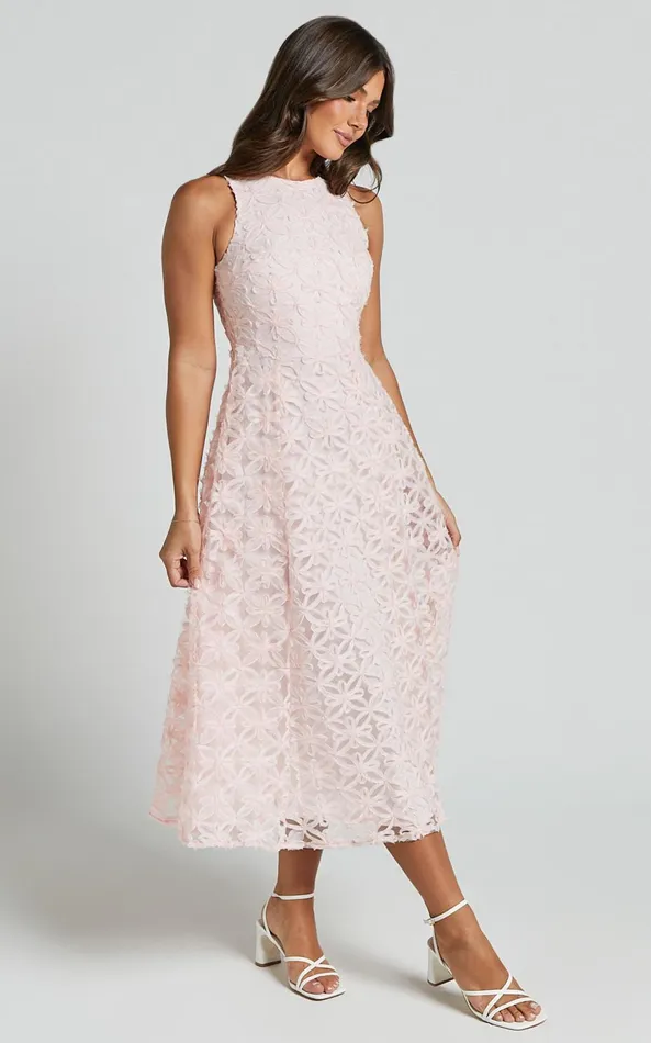 Showpo Georgina Midi Dress 8211 Crew Neck Sleeveless A Line Dress In Blush Pink Women Dresses