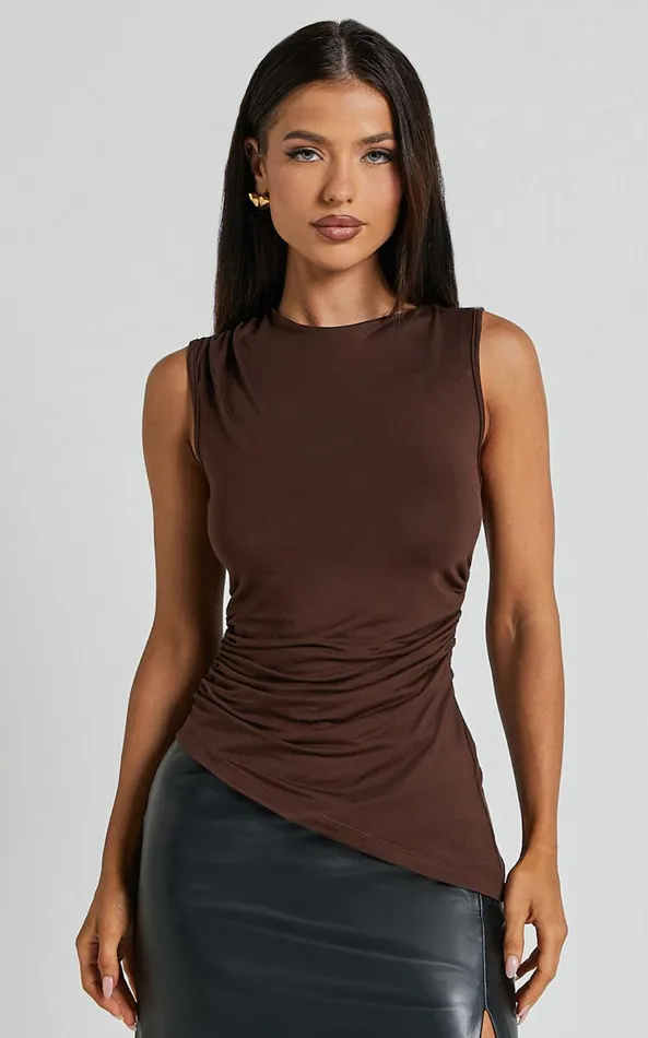 Showpo Georgina Top 8211 Asymmetrical Hem Jersey Tank In Chocolate Women Tops