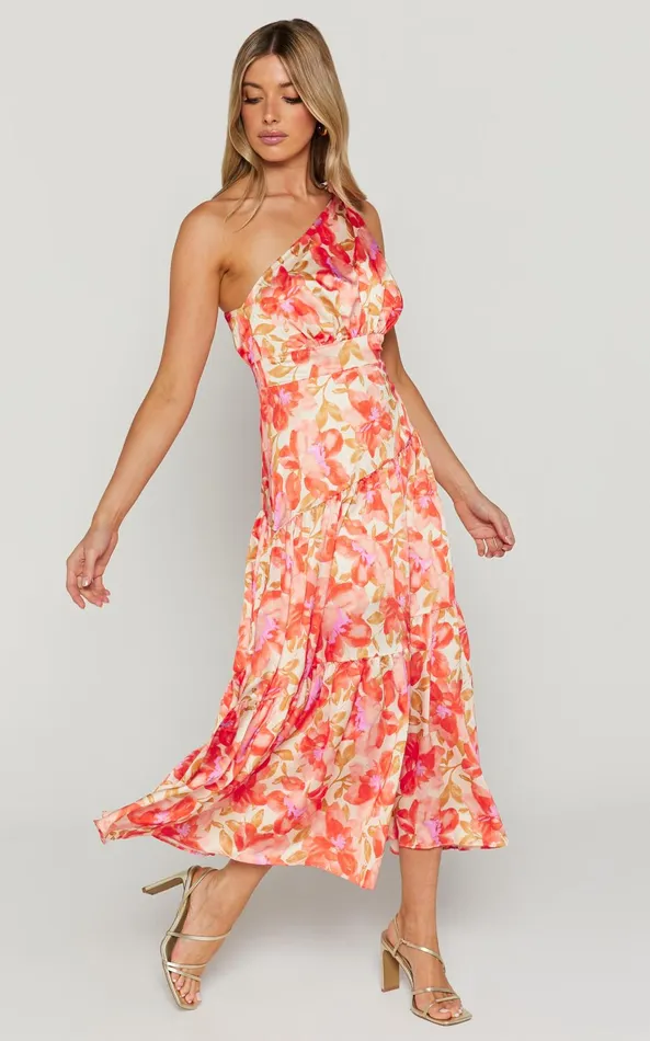 Showpo Georgine Midi Dress 8211 One Shoulder Ruched Tiered Dress In AUTUMN FLORAL Women Dresses