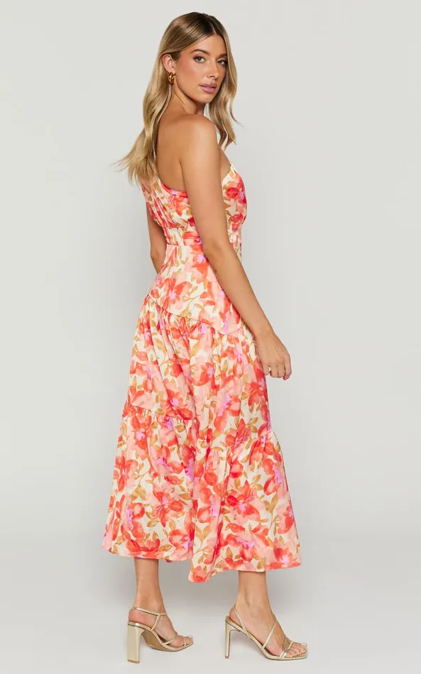 Showpo Georgine Midi Dress 8211 One Shoulder Ruched Tiered Dress In AUTUMN FLORAL Women Dresses