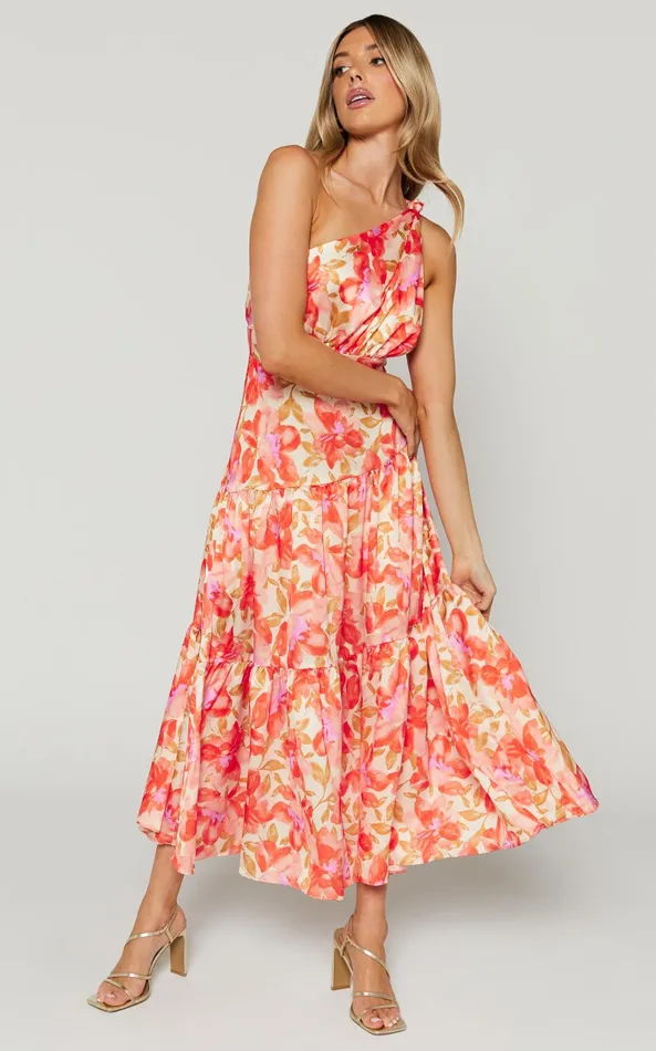 Showpo Georgine Midi Dress 8211 One Shoulder Ruched Tiered Dress In AUTUMN FLORAL Women Dresses
