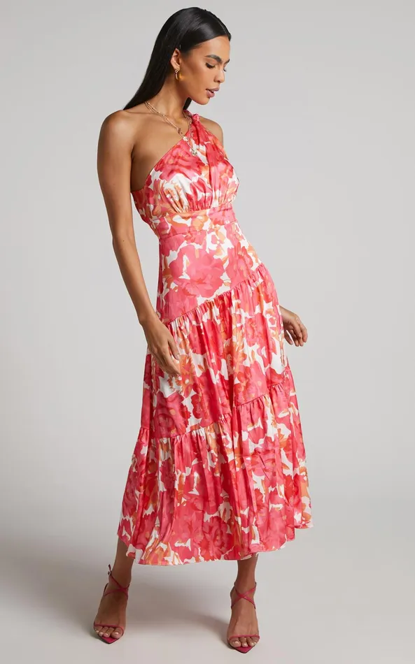 Showpo Georgine Midi Dress 8211 One Shoulder Ruched Tiered Dress In Peony Blossom Women Dresses