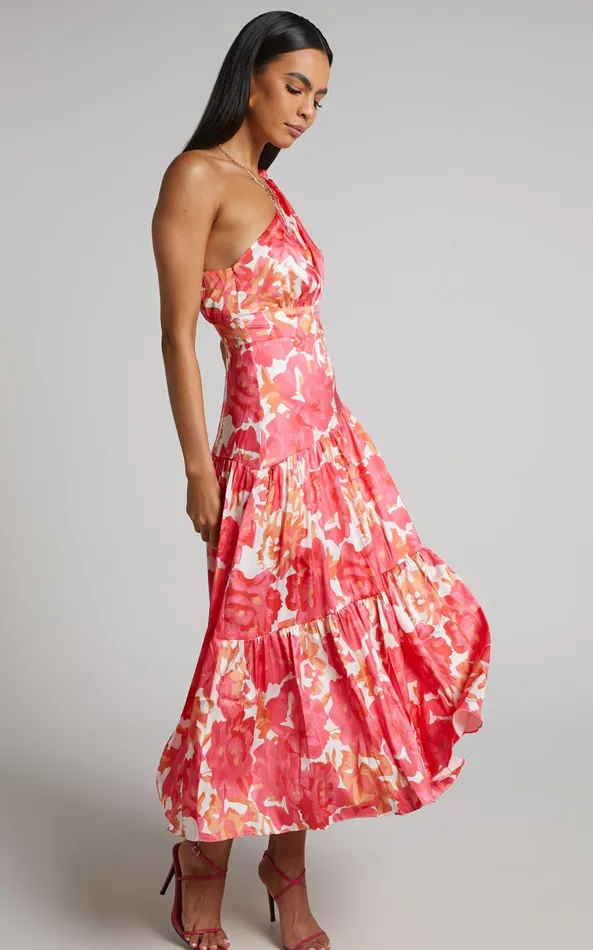 Showpo Georgine Midi Dress 8211 One Shoulder Ruched Tiered Dress In Peony Blossom Women Dresses