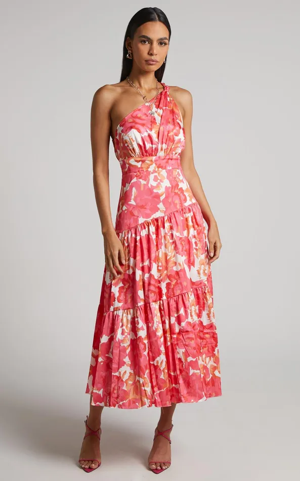 Showpo Georgine Midi Dress 8211 One Shoulder Ruched Tiered Dress In Peony Blossom Women Dresses