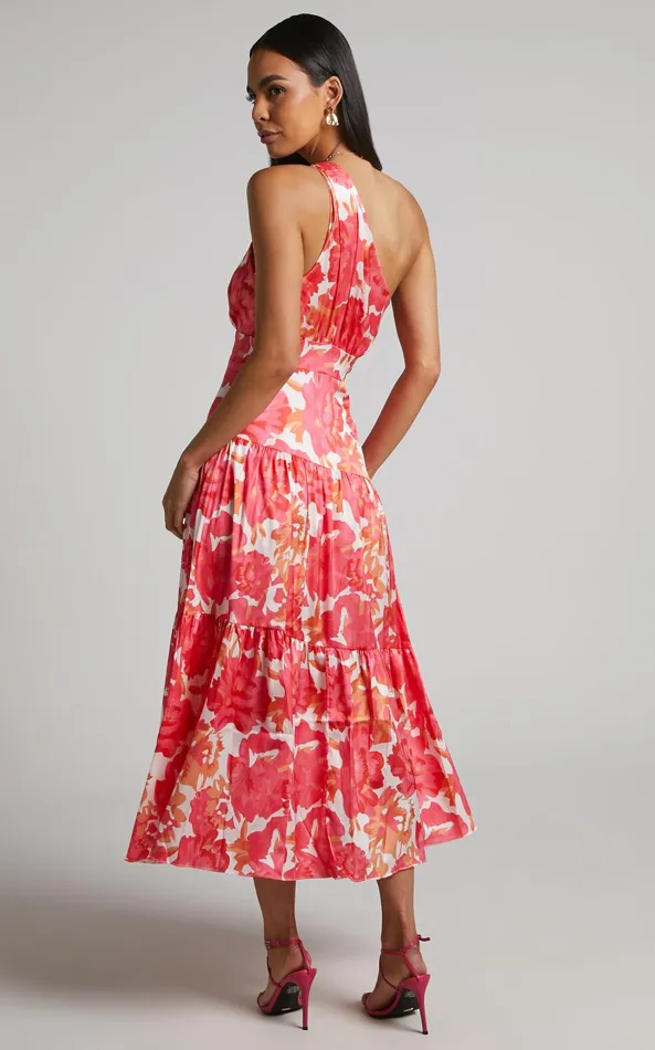 Showpo Georgine Midi Dress 8211 One Shoulder Ruched Tiered Dress In Peony Blossom Women Dresses
