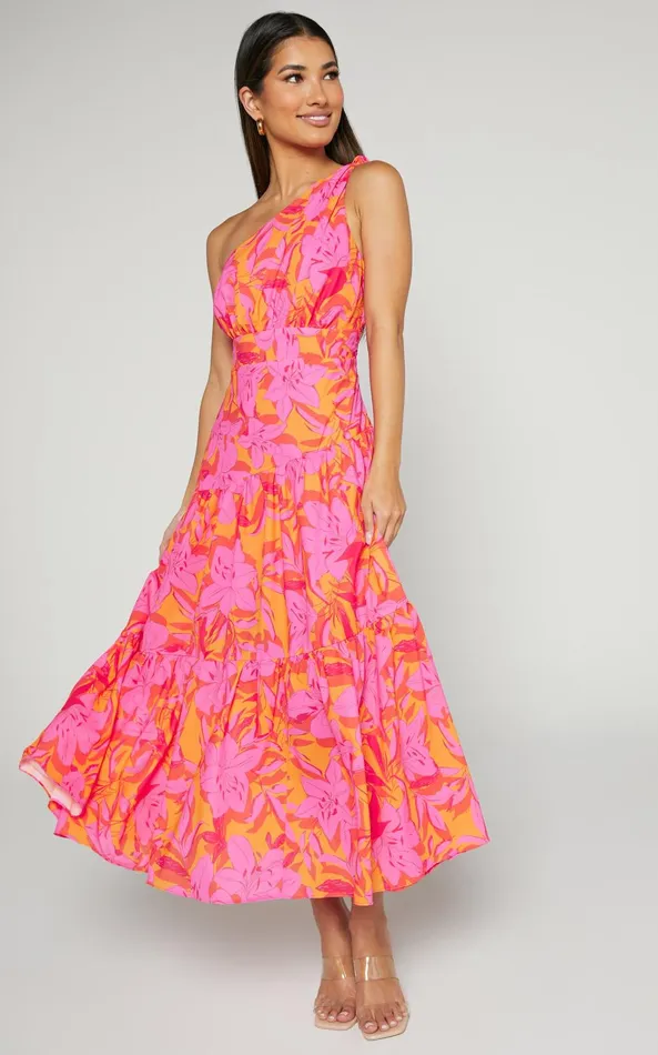 Showpo Georgine Midi Dress 8211 One Shoulder Ruched Tiered Dress In PINK AND ORANGE Women Dresses Showpo Georgine Midi Dress 8211 One Shoulder Ruched Tiered Dress In PINK AND ORANGE Women Dresses