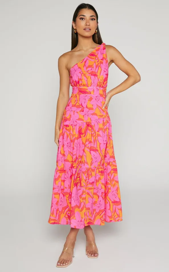 Showpo Georgine Midi Dress 8211 One Shoulder Ruched Tiered Dress In PINK AND ORANGE Women Dresses