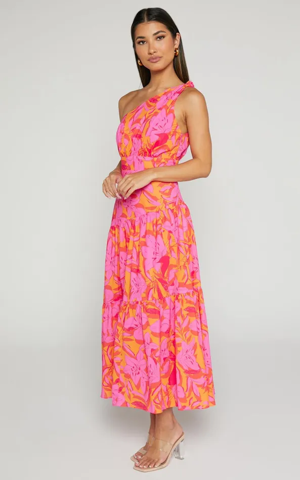 Showpo Georgine Midi Dress 8211 One Shoulder Ruched Tiered Dress In PINK AND ORANGE Women Dresses