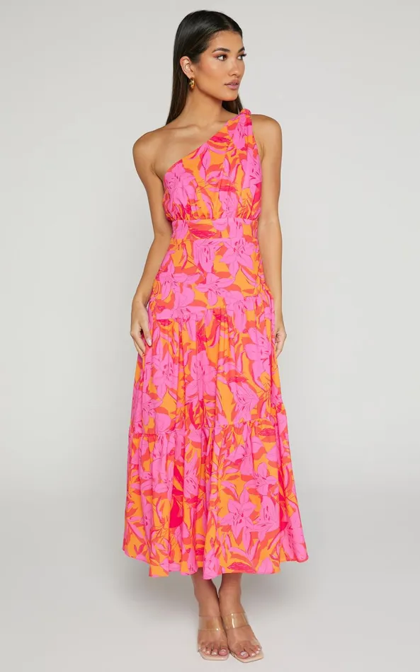 Showpo Georgine Midi Dress 8211 One Shoulder Ruched Tiered Dress In PINK AND ORANGE Women Dresses