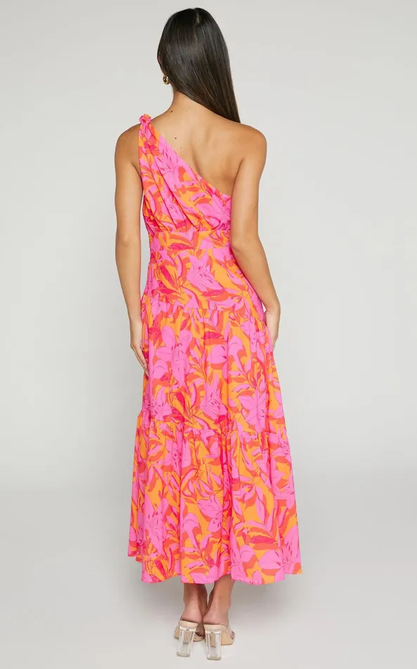 Showpo Georgine Midi Dress 8211 One Shoulder Ruched Tiered Dress In PINK AND ORANGE Women Dresses
