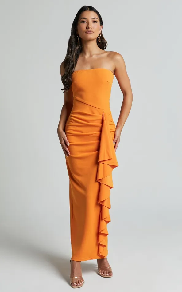 Showpo Ghamie Midi Dress 8211 Strapless Ruffle Dress In Orange Women Dresses