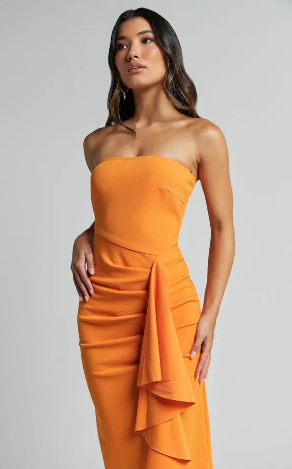 Showpo Ghamie Midi Dress 8211 Strapless Ruffle Dress In Orange Women Dresses